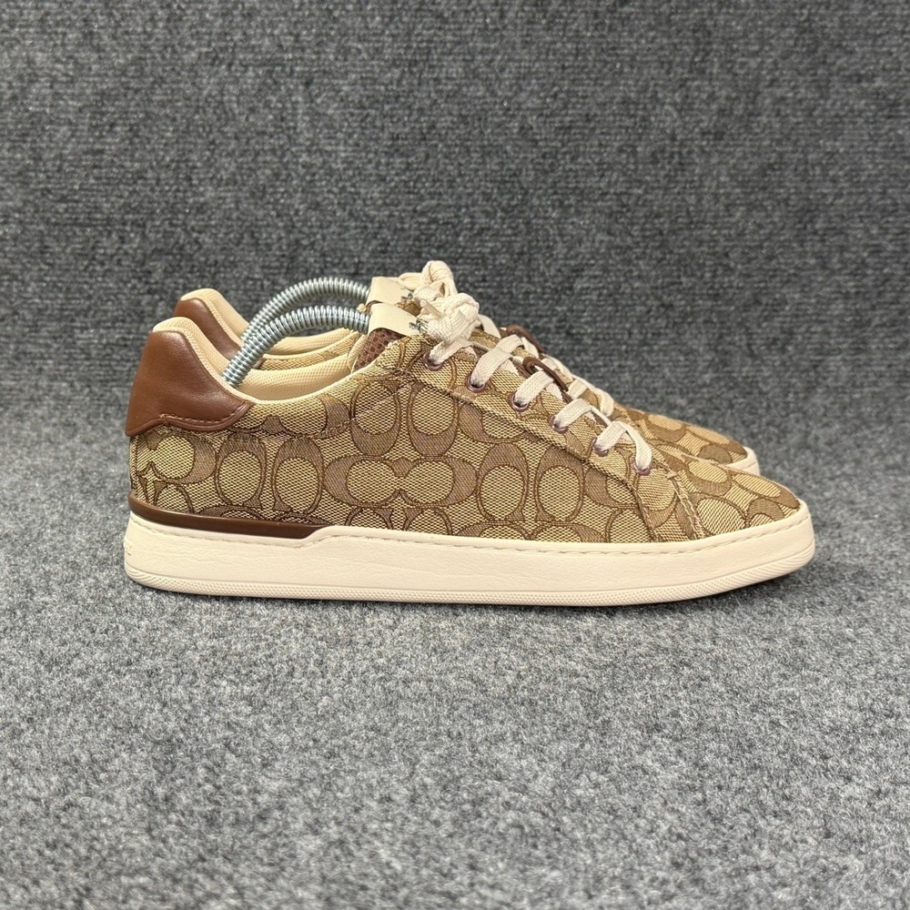 Coach Clip Low Top Sneakers Women's 10 Khaki Saddle Signature Print Lace Shoes